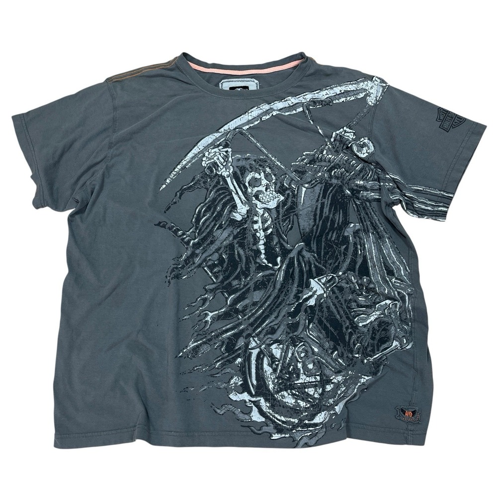 Harley Davidson Ink Grim Reaper Graphic T-Shirt Mens 2XL Gray Cotton Ape Hangers